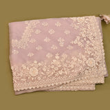 Ivory Hand Embroidered Net Saree With Heavy Pearl Floral Border