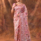 Muted Pink Floral Embroidered Tissue Silk Saree