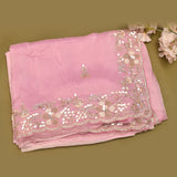 Baby Pink Georgette Saree With Hand Embroidered Mirror And Pearl Floral Border