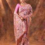 Muted Pink Floral Embroidered Tissue Silk Saree