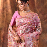 Muted Pink Floral Embroidered Tissue Silk Saree