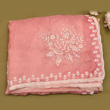 Shaded Peach Pink Georgette Saree With Hand Embroidered White Rose Motifs