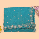 Turquoise Satin Saree With Sequin Booti And Scalloped Border