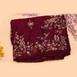 Maroon Hand Embroidered Satin Silk Saree With Scalloped Border