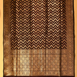 Dark Brown Banarasi Silk Saree With Gold Zari Chevron Zigzag Weave And Floral Pallu