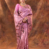 Shiny Pink Floral Silk Saree