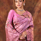 Shiny Pink Floral Silk Saree