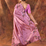 Shiny Pink Floral Silk Saree