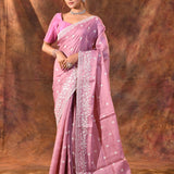 Flamingo Pink Floral Silk Blend Saree