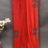 Red Saree With Antique Silver Medallion Embroidery