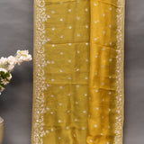 Mustard Yellow Organza Saree With Heavy Hand Embroidered Floral Vine Border And Star Booti