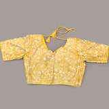 Mustard Yellow Organza Saree With Heavy Hand Embroidered Floral Vine Border And Star Booti