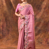 Rouge Pink Embroidered Tussar Saree