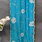 Teal Saree With Pearl Swirl Embroidery And Sequin Rose Motif