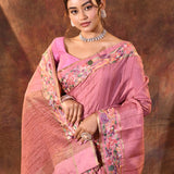 Rouge Pink Embroidered Tussar Saree