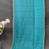 Turquoise Satin Saree With Sequin Booti And Scalloped Border
