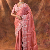 Peach Pink Floral Embroidered Silk Blend Saree