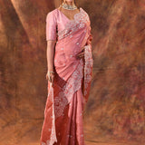 Peach Pink Floral Embroidered Silk Blend Saree