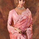 Peach Pink Floral Embroidered Silk Blend Saree