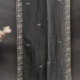 Charcoal Grey Hand Embroidered Saree With Silver Leaf Vine Border