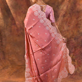 Peach Pink Floral Embroidered Silk Blend Saree