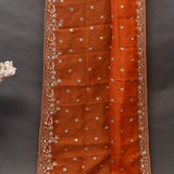 Red-Orange Shaded Organza Saree With Hand Embroidered Lotus Booti And Floral Border