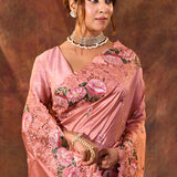 Peach Pink Floral Silk Saree