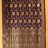 Navy Blue Pure Silk Banarasi Saree With Gold Zari All-Over Floral Jaal & Arch Motif Pallu