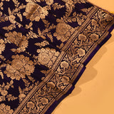 Navy Blue Pure Silk Banarasi Saree With Gold Zari All-Over Floral Jaal & Arch Motif Pallu