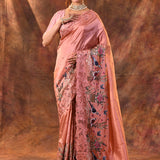 Pinkish Peach Embroidered Satin Silk Saree