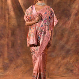 Pinkish Peach Embroidered Satin Silk Saree