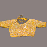 Mustard Yellow Organza Saree With Heavy Hand Embroidered Floral Vine Border And Star Booti