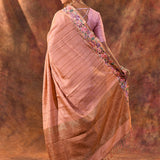 Soft Beige Pink Embroidered Tussar Saree