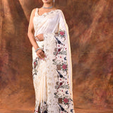 Pearl White Embroidered Satin Silk Saree