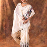 Pearl White Embroidered Satin Silk Saree