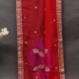 Red And Pink Dual-Tone Organza Saree With Hand Embroidered Zari Border And Floral Booti
