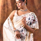 Pearl White Embroidered Satin Silk Saree