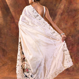 Pearl White Embroidered Satin Silk Saree