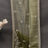 Olive Green Organza Saree With Heavy Hand Embroidered Silver Paisley Vine Border