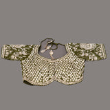 Olive Green Organza Saree With Heavy Hand Embroidered Silver Paisley Vine Border