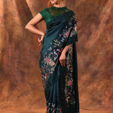 Deep Green Embroidered Satin Silk Saree