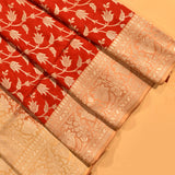 Red & Beige Gold Zari All-Over Floral Jaal Pure Silk Banarasi Saree With Broad Plain Zari Pallu