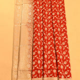 Red & Beige Gold Zari All-Over Floral Jaal Pure Silk Banarasi Saree With Broad Plain Zari Pallu