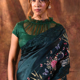 Deep Green Embroidered Satin Silk Saree