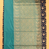 Navy Blue & Turquoise Gold Zari Floral Jaal Pure Silk Banarasi Saree With Contrast Teal Pallu