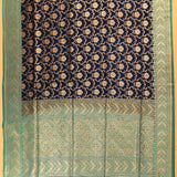 Navy Blue & Turquoise Gold Zari Floral Jaal Pure Silk Banarasi Saree With Contrast Teal Pallu