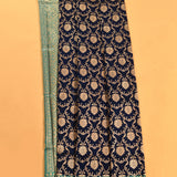 Navy Blue & Turquoise Gold Zari Floral Jaal Pure Silk Banarasi Saree With Contrast Teal Pallu