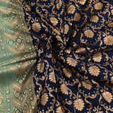 Navy Blue & Turquoise Gold Zari Floral Jaal Pure Silk Banarasi Saree With Contrast Teal Pallu