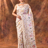 White Floral Embroidered Silk Blend Saree