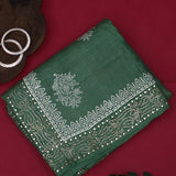 Bottle Green Silk Saree With Silver Block Printed Floral Butti & Copper Sequin Foil Jaal Pallu